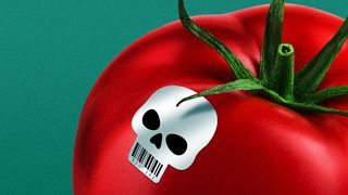 Illustration of a skull-shaped barcode on a tomato. 